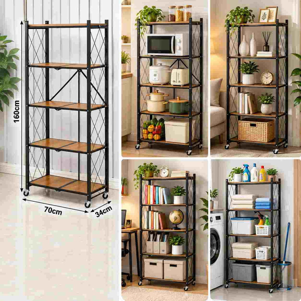 5 , 4 AND 3LAYER -Tier Foldable Storage Shelves, Wide Folding Wooden Shelf with Caster Wheels for Garage, Kitchen, Home, Closet, Office