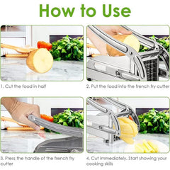 Arbaann stainless steel French fry cutter with two interchangeable blades for easy, uniform potato slicing.