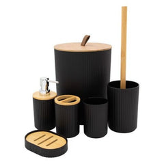 Arbaana 6-piece bathroom accessories set with ribbed blue and bamboo finish, including soap dispenser, toothbrush holder, and storage containers.