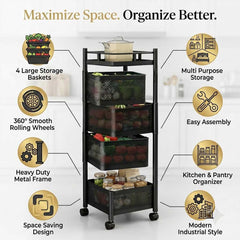 Arbaana multi-tier metal storage rack with wheels, featuring open shelves for organized storage and easy mobility.