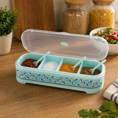 Title (50 chars): 4-Compartment Spice Box Organizer with Lid