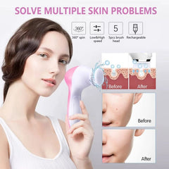 Face Massager Brush Head and Electric Massager - Pink 5-in-1