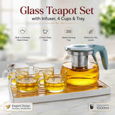 Glass Teapot Set with Infuser, 4 Cups & Tray