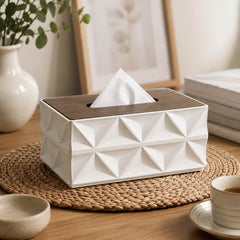 Geometric Faceted Tissue Box Cover, Wood Top