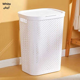 White plastic laundry basket with lid, handles, and ventilation holes, by Arbaana.