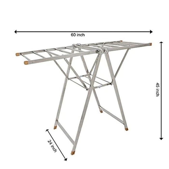 Foldable stainless steel clothes drying stand by arbaana with multiple bars for drying laundry, featuring a sleek steel design.