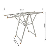 Foldable stainless steel clothes drying stand by arbaana with multiple bars for drying laundry, featuring a sleek steel design.