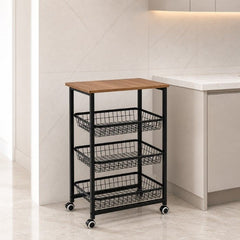 Metal Rolling Kitchen Trolley Wood Top Basket Cart 38x78cm