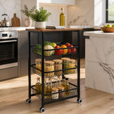 Metal Rolling Kitchen Trolley Wood Top Basket Cart 38x78cm