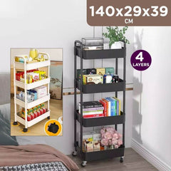 Black multi-layer storage cart with 4 layers, shown with items on a white background.