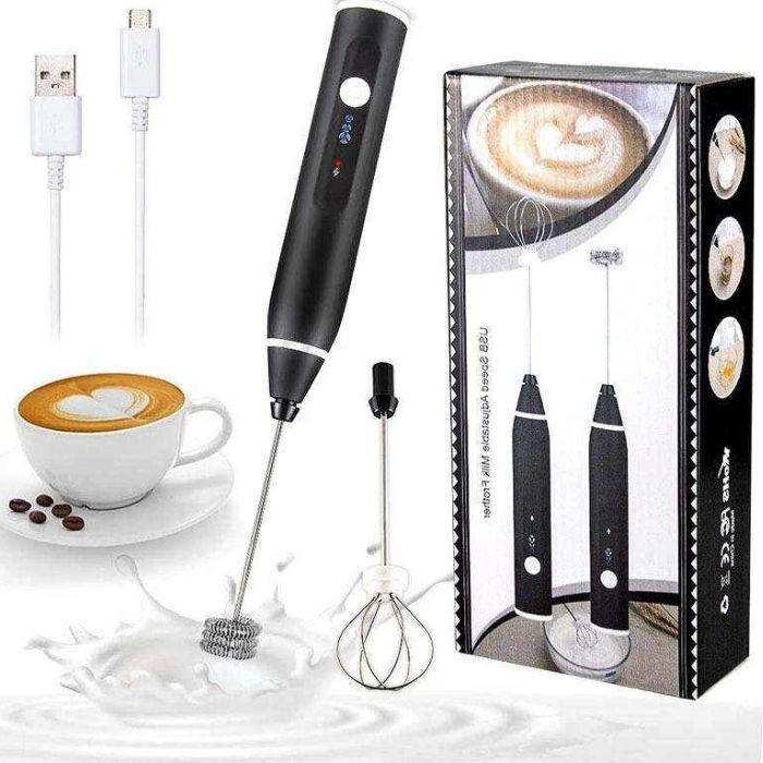arbaana USB rechargeable milk frother with three-speed settings, featuring stainless steel whisk and ergonomic handle.