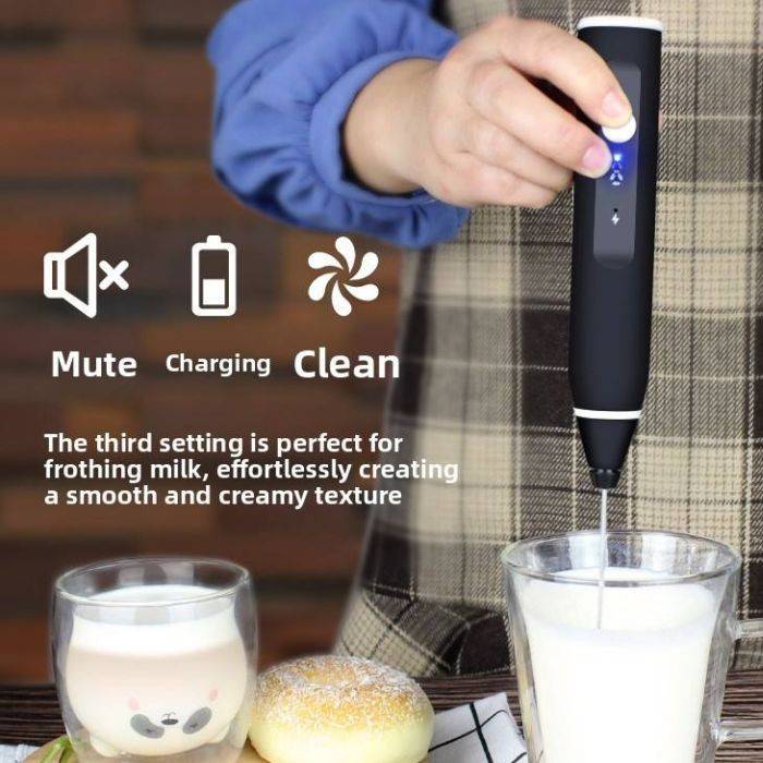 Arbaana USB rechargeable milk frother with three-speed electric operation, showing stainless steel whisk and sleek black handle.