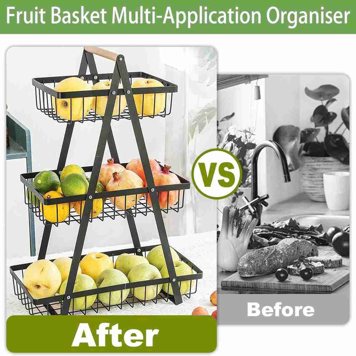 3-Layer Countertop Fruit Storage Basket, Vegetable Rack Bread Display Stand for Kitchen, Black