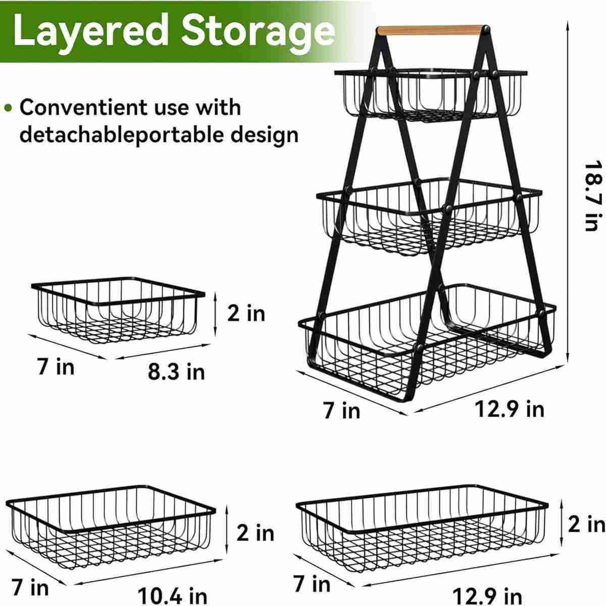 3-Layer Countertop Fruit Storage Basket, Vegetable Rack Bread Display Stand for Kitchen, Black