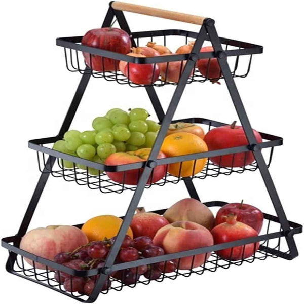 3-Layer Countertop Fruit Storage Basket, Vegetable Rack Bread Display Stand for Kitchen, Black