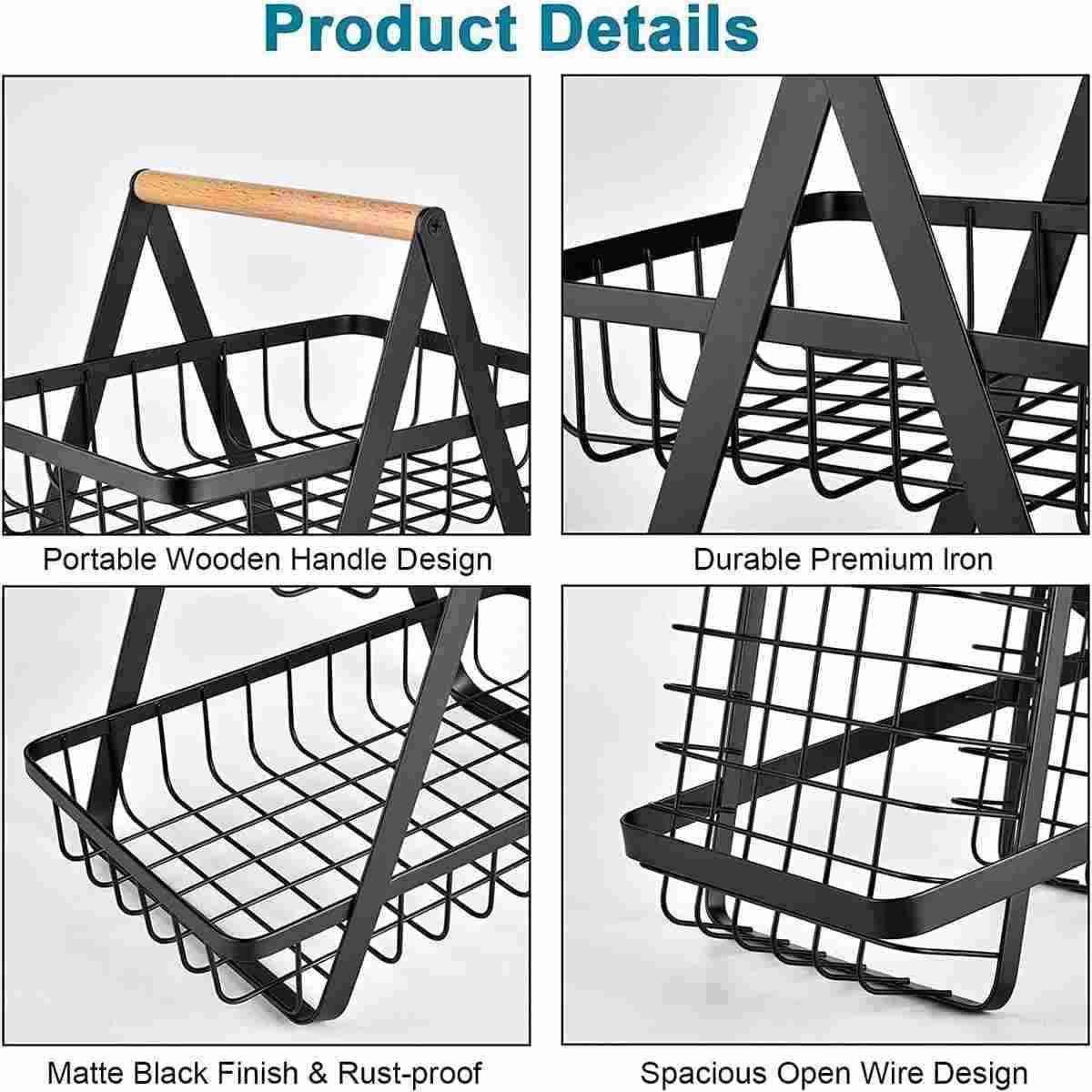3-Layer Countertop Fruit Storage Basket, Vegetable Rack Bread Display Stand for Kitchen, Black