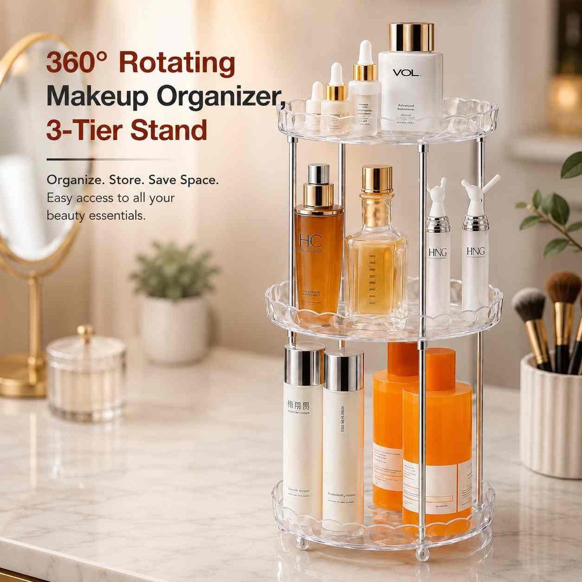 360° Rotating Makeup Organizer, 3-Tier Stand