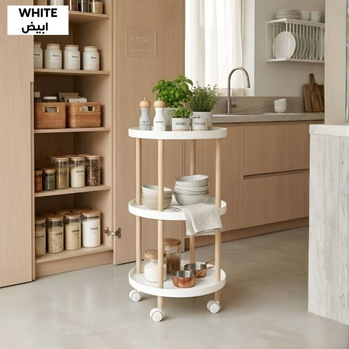 3-Tier Round Rolling Cart with Wooden Legs