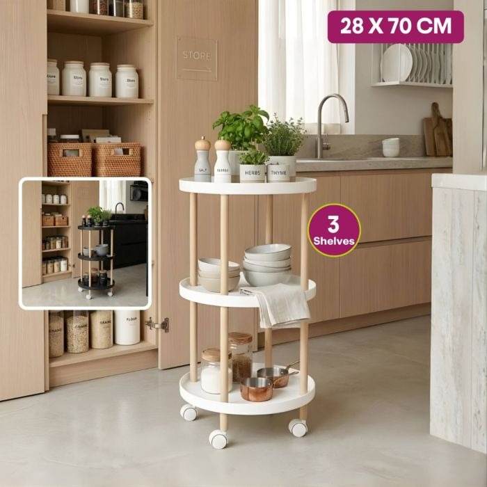 3-Tier Round Rolling Cart with Wooden Legs