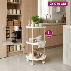 3-Tier Round Rolling Cart with Wooden Legs