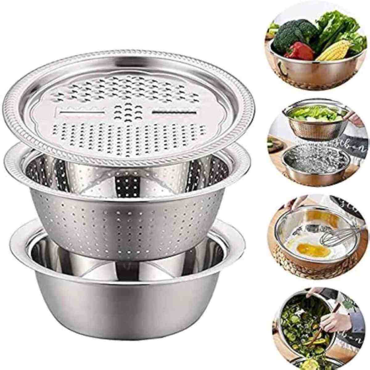 3 in 1 Multifunctional Stainless Steel Basin with Grater Vegetable Cutter Set