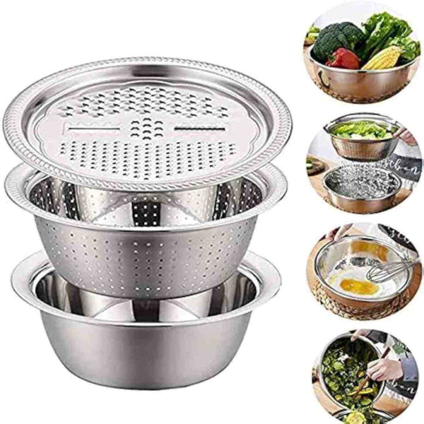 3 in 1 Multifunctional Stainless Steel Basin with Grater Vegetable Cutter Set