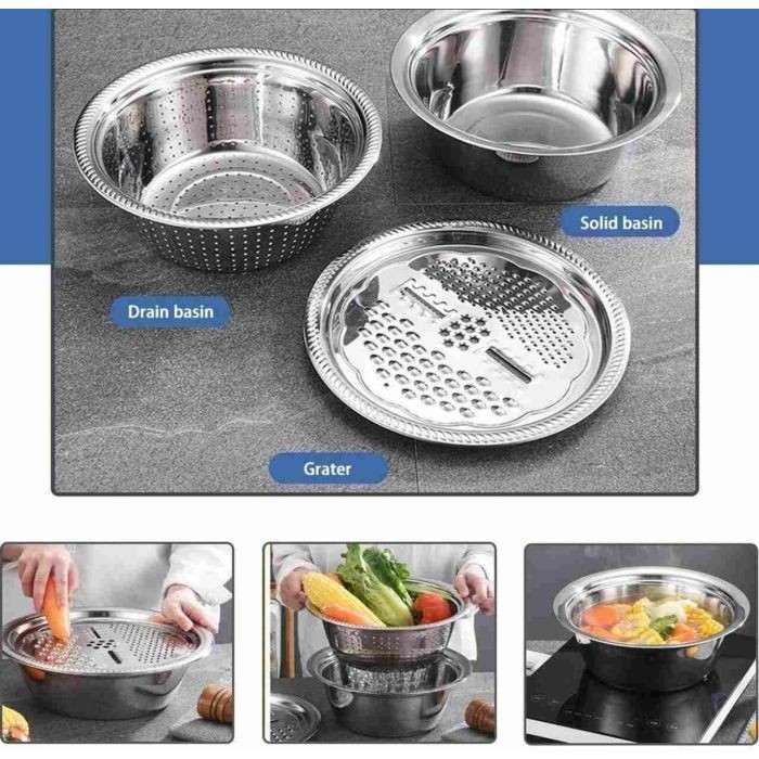 3 in 1 Multifunctional Stainless Steel Basin with Grater Vegetable Cutter Set