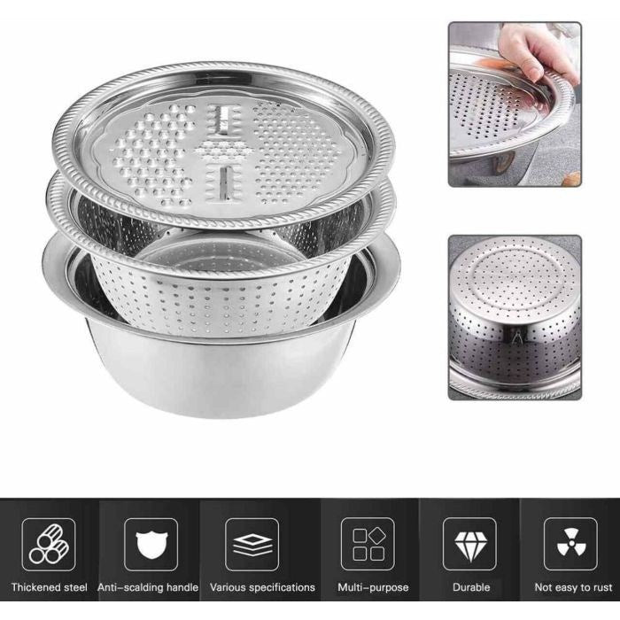 3 in 1 Multifunctional Stainless Steel Basin with Grater Vegetable Cutter Set