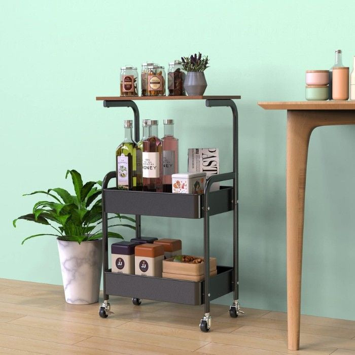 Metal Rolling Cart Wooden Top 3-Tier Storage Shelves