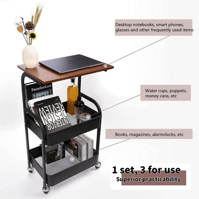 Metal Rolling Cart Wooden Top 3-Tier Storage Shelves