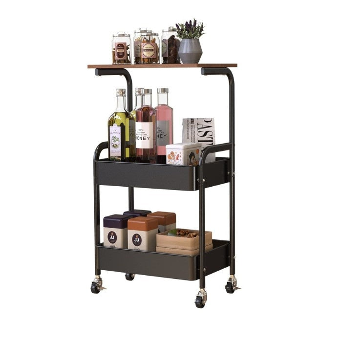 Metal Rolling Cart Wooden Top 3-Tier Storage Shelves