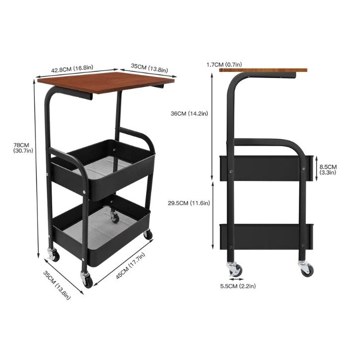 Metal Rolling Cart Wooden Top 3-Tier Storage Shelves