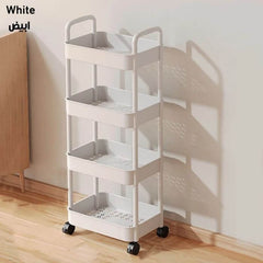 White storage cart with multiple shelves on a wooden floor against a white wall.