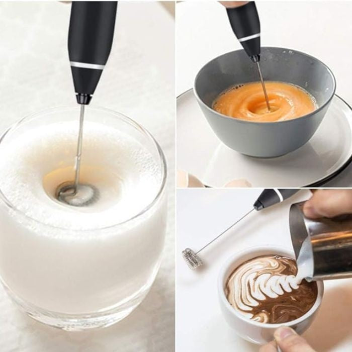 arbaana USB rechargeable milk frother with 3-speed electric control, shown with stainless steel whisk and sleek design.