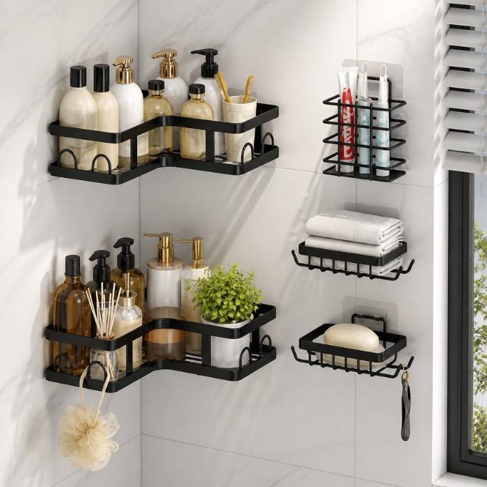 5-Piece Black Metal Wall Shelf Set No-Drill Adhesive Organizer