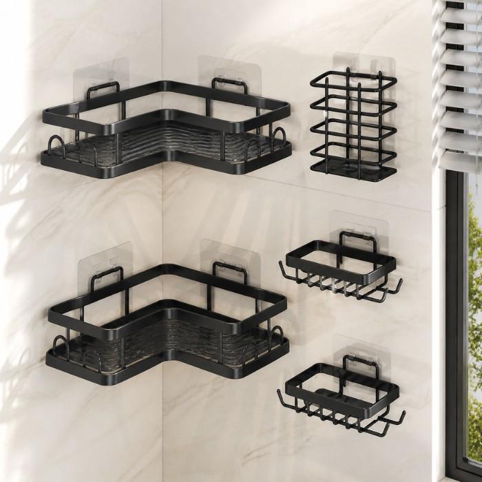 5-Piece Black Metal Wall Shelf Set No-Drill Adhesive Organizer