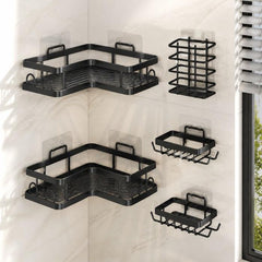 5-Piece Black Metal Wall Shelf Set No-Drill Adhesive Organizer