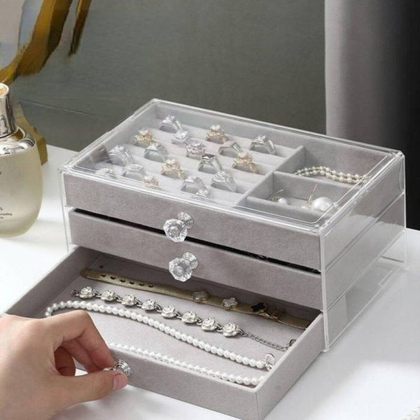 arbaann 3-layer jewelry organizer box with acrylic cover, featuring multiple compartments for rings, necklaces, and earrings