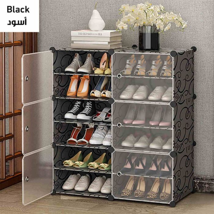 Arbaana 6-layer double shoe organizer with transparent doors, black plastic frame and multiple compartments for footwear storage.