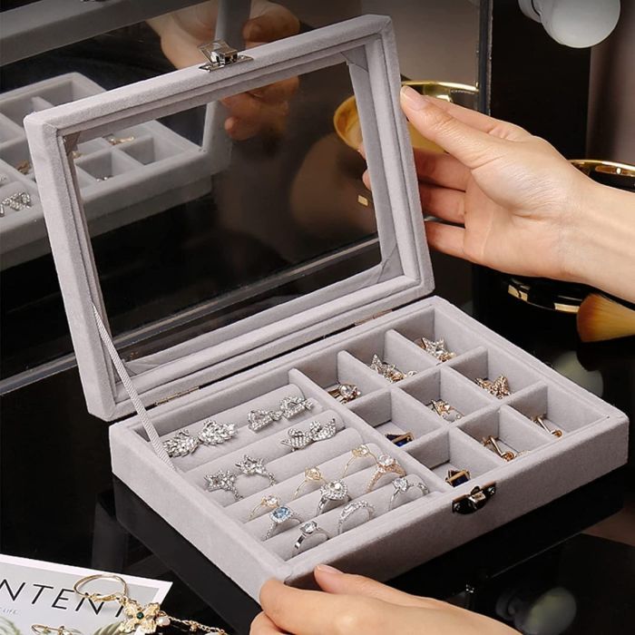 Velvet Jewelry Storage Organizer with Glass Lid