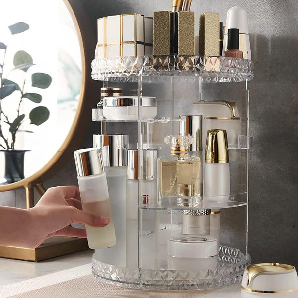 Arbaana 3-Tier Rotating Acrylic Makeup Organizer with multiple compartments for cosmetics and beauty tools.