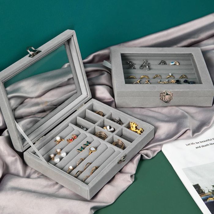 Velvet Jewelry Storage Organizer with Glass Lid