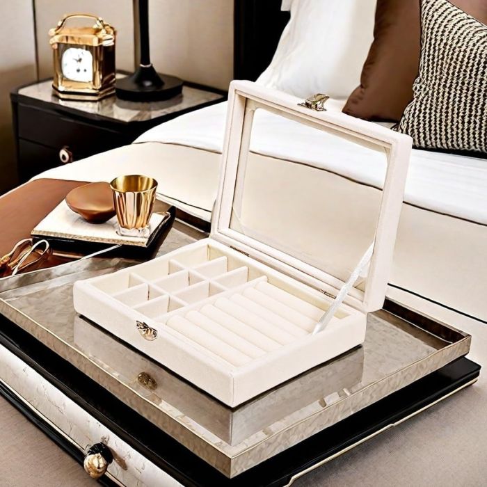 Velvet Jewelry Storage Organizer with Glass Lid