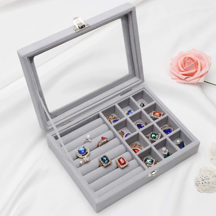 Velvet Jewelry Storage Organizer with Glass Lid