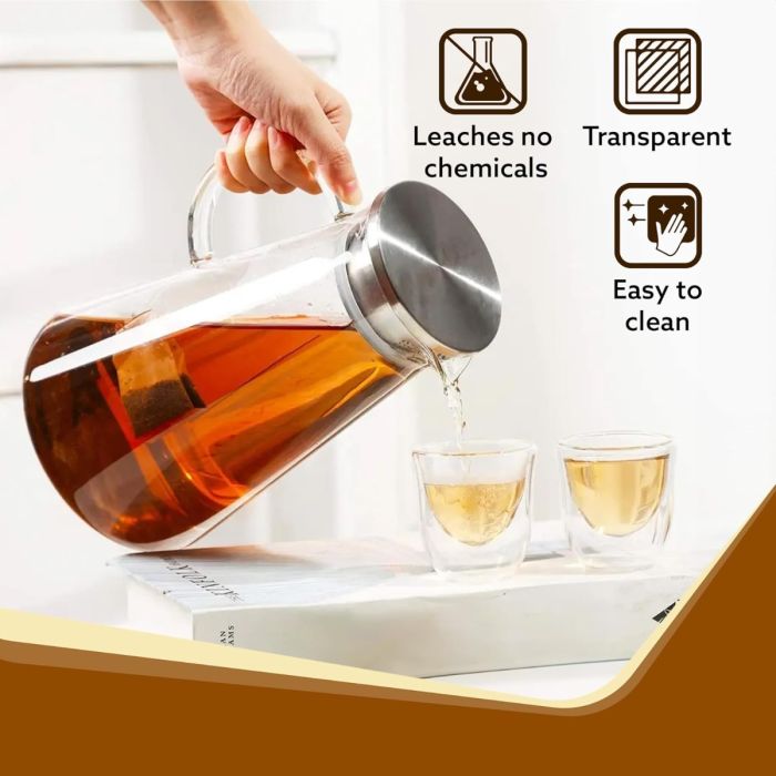 إبريق ماء زجاجي من زجاج البوروسيليكات سعة 1.8 لتر مع غطاء من الفولاذ المقاوم للصدأ