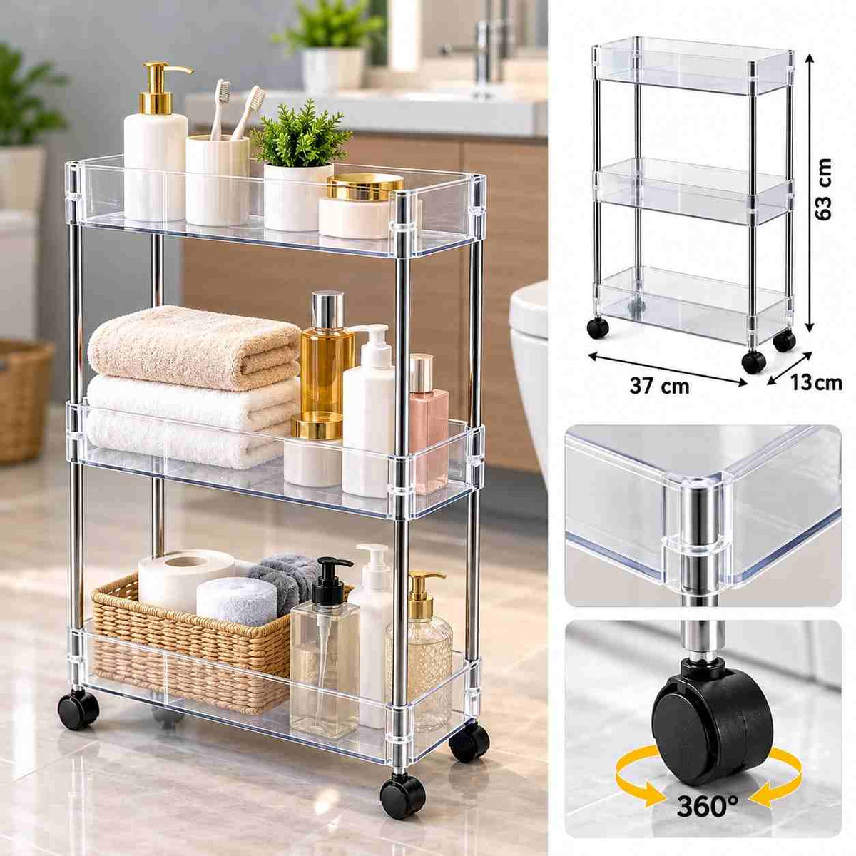 Acrylic Rolling Storage Cart for Small Spaces, Slim Narrow 3-Tier Trolley, Space Saving Gaps Organizer with Wheels for Bathroom, Kitchen