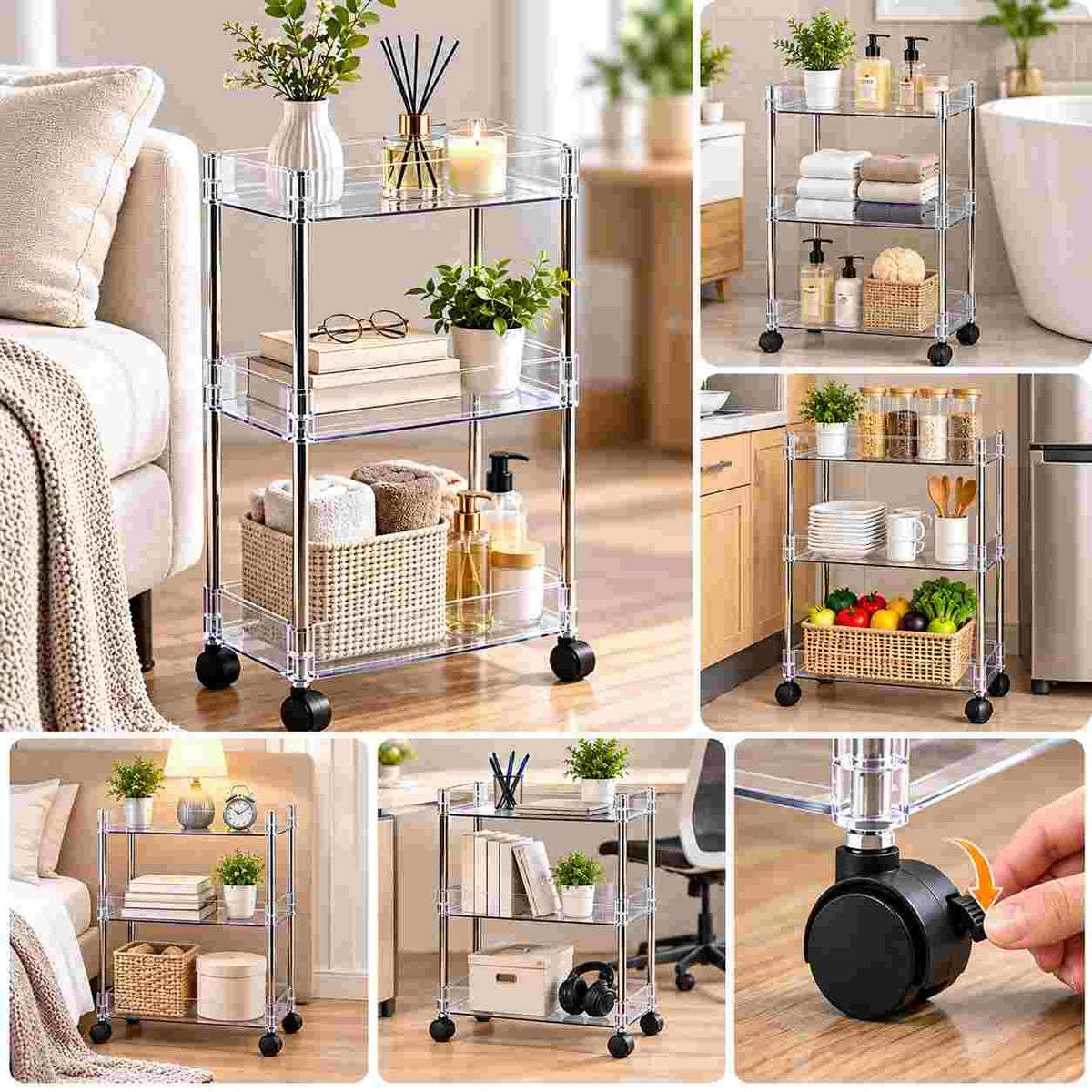 Acrylic Rolling Storage Cart for Small Spaces, Slim Narrow 3-Tier Trolley, Space Saving Gaps Organizer with Wheels for Bathroom, Kitchen
