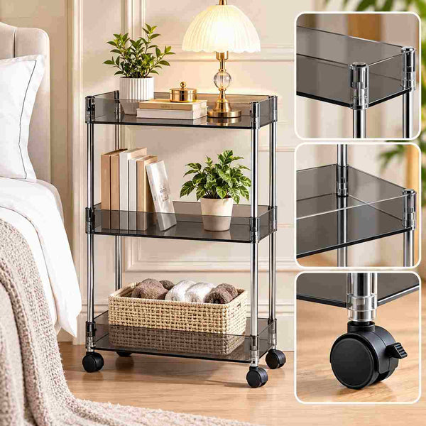 Acrylic Rolling Storage Cart for Small Spaces, Slim Narrow 3-Tier Trolley, Space Saving Gaps Organizer with Wheels for Bathroom, Kitchen