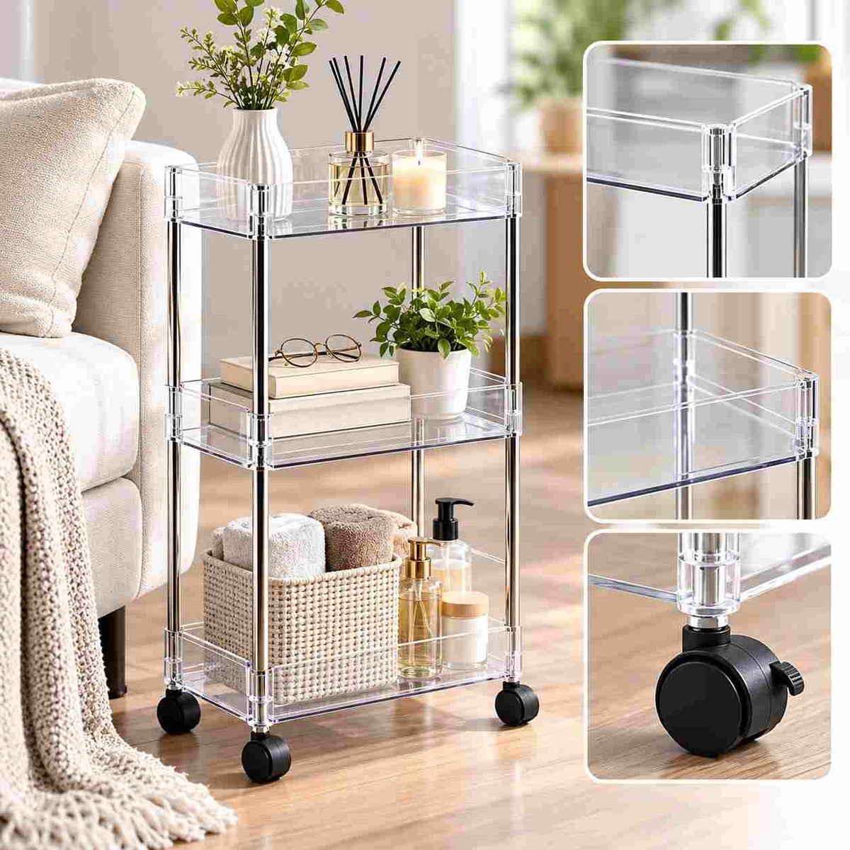 Acrylic Rolling Storage Cart for Small Spaces, Slim Narrow 3-Tier Trolley, Space Saving Gaps Organizer with Wheels for Bathroom, Kitchen