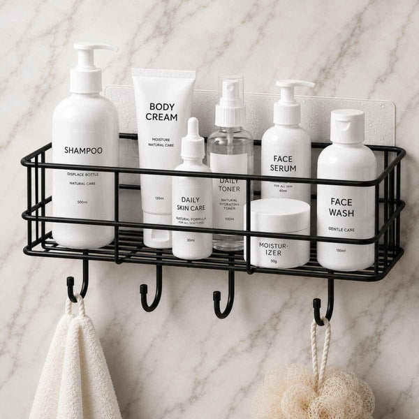 Bathroom Caddy Wall Shelf Rack with Hooks 11.5 x 27.5 x 10 cm